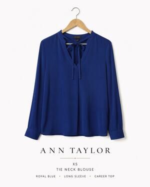 Ann Taylor XS Tie Neck Blouse Royal Blue Long Sleeve Career Top